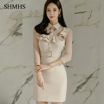 

High Waist Lapel Trim With Ruffles Mini Office Lady Dress 2020 Spring Perspective Mesh Three-Quarter Sleeves Elegant Party Dress