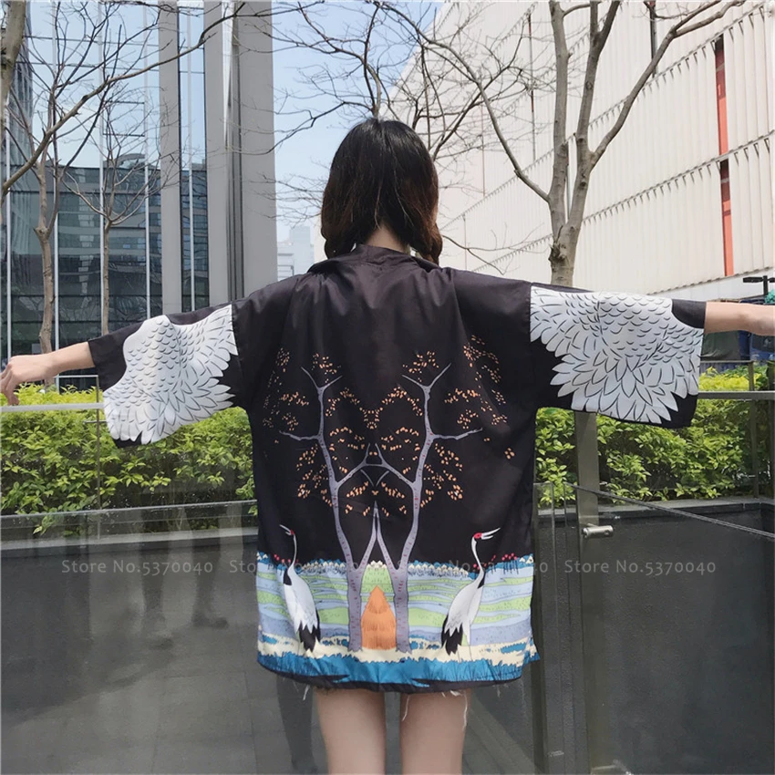 Летняя женская японская мода кардиган уличная кимоно Haori печать кран халаты Китайская традиционная юката пальто азиатская одежда