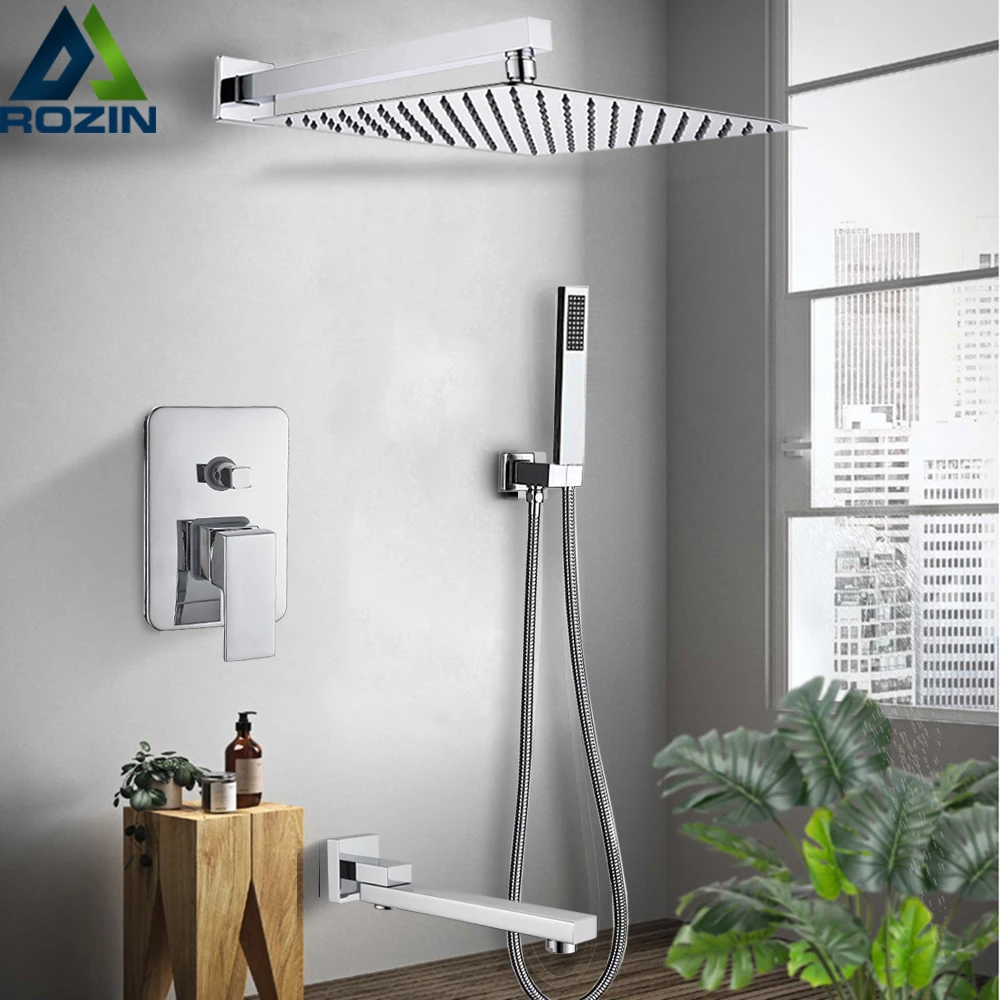Rozin Wall Mount Rainfall Shower Faucet Set Chrome Concealed Bathroom Faucets System 16'' Head with Swivel Tub Spout Mixer Tap 1