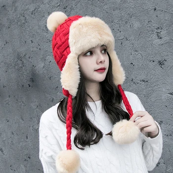 

Cute Girl Women Trapper Hats Winter Warm Knitted Hat with Fur Bomber Hat Beanies Russian Ushanka Wool Knit Pom Pom Earflaps Caps