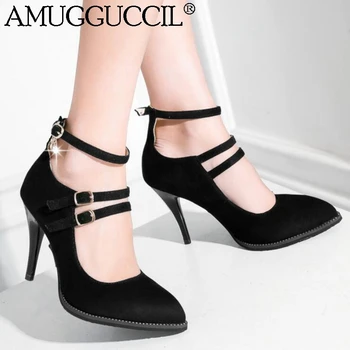 

2020 New Plus Big Size 32-44 Black Wine-red Gray Buckle Fashion Sexy High Heel Spring Summer Female Lady Shoes Women Pumps D1310