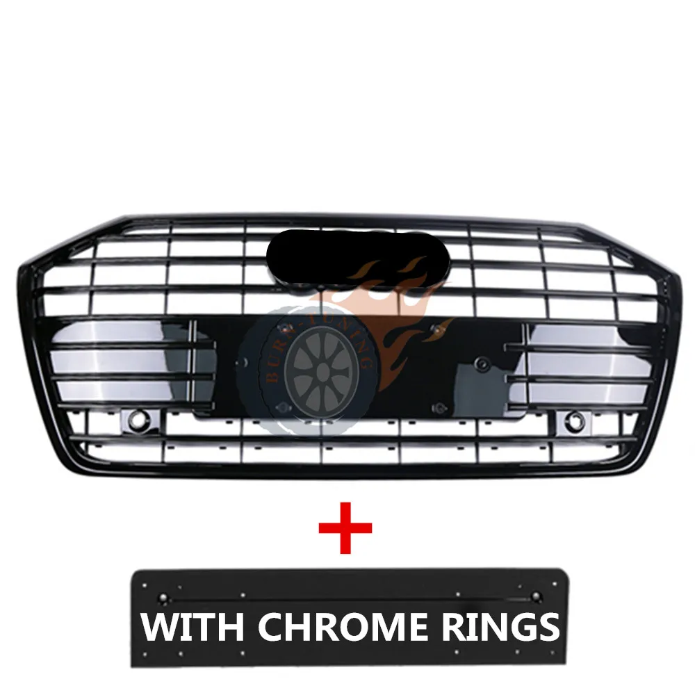 WITH CHROME RINGS Глянцевый черный для S6 стиль гриль для A6 A6L C8+ ABS спорт гриль бампер гоночный гриль с ACC Cut с Европейский держатель пластины - Цвет: WITH CHROME RINGS