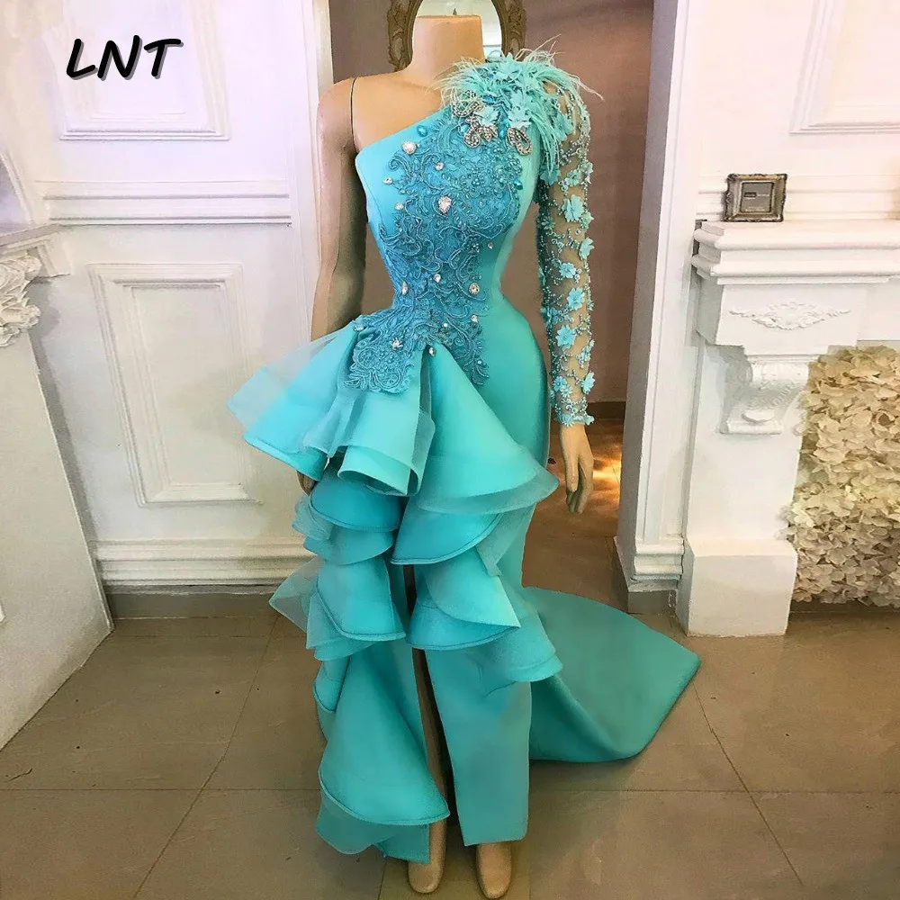 

Turquoise One Shoulder Evening Gowns with Beads Formal Occasion Dress with Ruffled Skirt