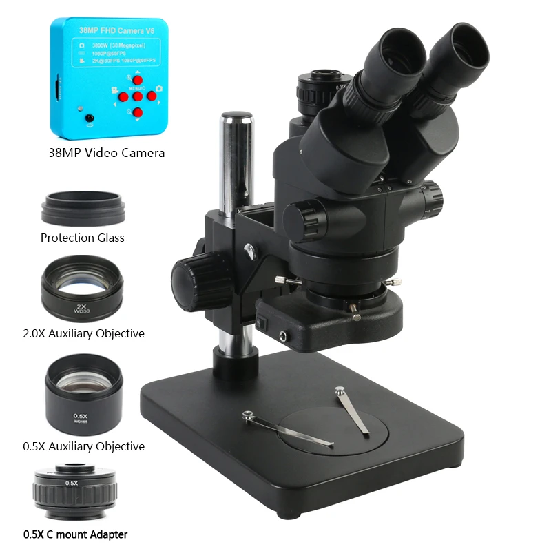US $246.95 Black 7X45X 35X90X Simul Focal Zoom Trinocular Stereo Microscope 05X 2X Auxiliary Lens HDMI USB 38MP Video Camera