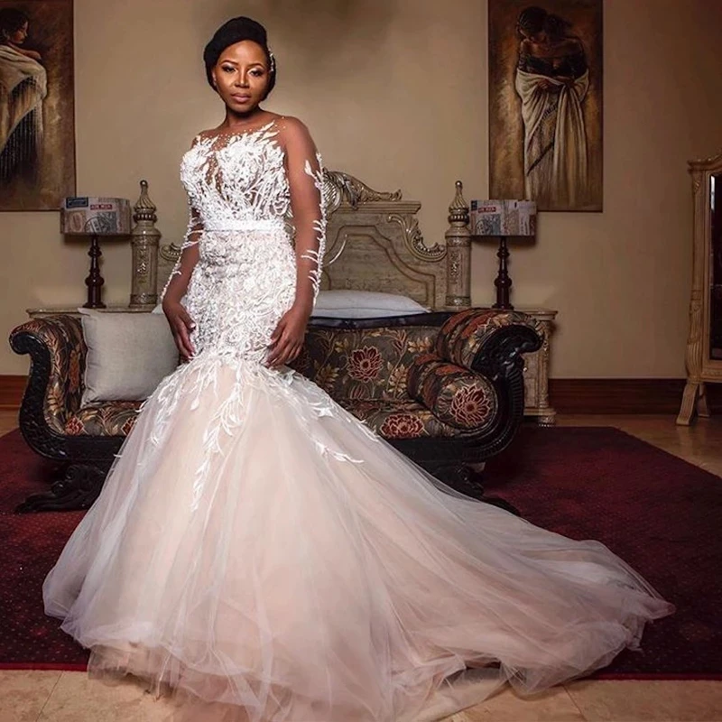 

Женское свадебное платье-русалка, фатиновое платье с длинными рукавами и аппликацией, свадебное платье невесты на заказ, африканские женщины