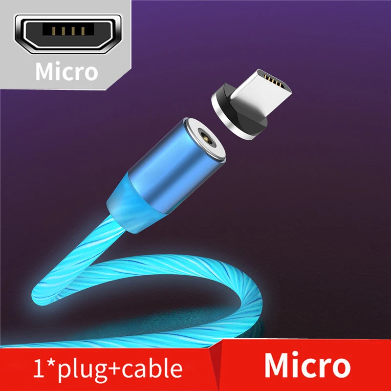 Светодиодный светящийся Магнитный Зарядное устройство кабель течет чехол с подставкой и отделениями для карт для Nokia Lumia 532 N532 2,1 2,2 3,2 4,2 Магнитный кабель для vivo S1 X27 Y97 Y3 Y17 шнур - Цвет: Micro Blue