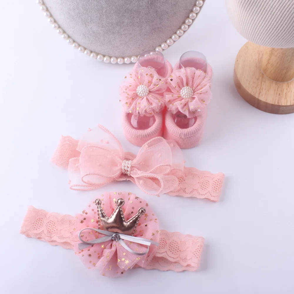 Baby Cute girl Rhinestone/pearl Boutique rosset shoes Floral zapatos bebe Headband and Barefoot Shoes set retail - Цвет: as photo