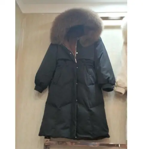Большой меховой воротник белая утка пальто Женская средней длины выше колена новая зимняя Корейская тонкая с капюшоном белая утка вниз куртка женская - Цвет: Black