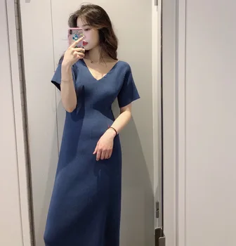 

Northern Europe 2020 Summer Knitting Rib Elastic Force Blended V Collar Slim Fit Elegant Dress 190214