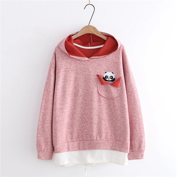Merry Pretty Harajuku женский мультфильм панда Вышивка Карманы толстовки с капюшоном зима длинный рукав Лоскутные толстовки