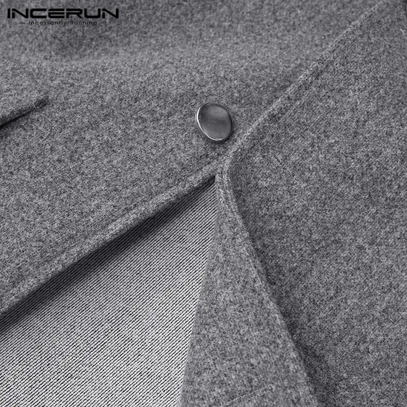 INCERUN, зимние мужские куртки, шерстяные пальто, длинный рукав, искусственная шерсть, одноцветные, на пуговицах, уличная мода, Тренч, мужское пальто,, ветрозащитное