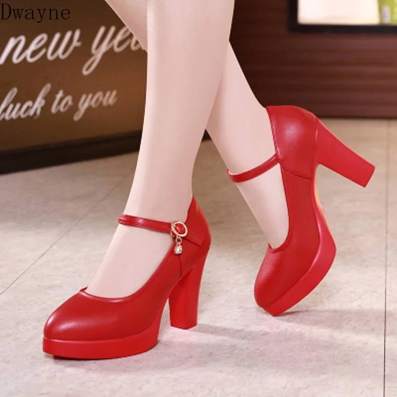 

2019 spring new high-heeled waterproof platform women's single shoes thick with large size round head shallow mouth fashion shoe