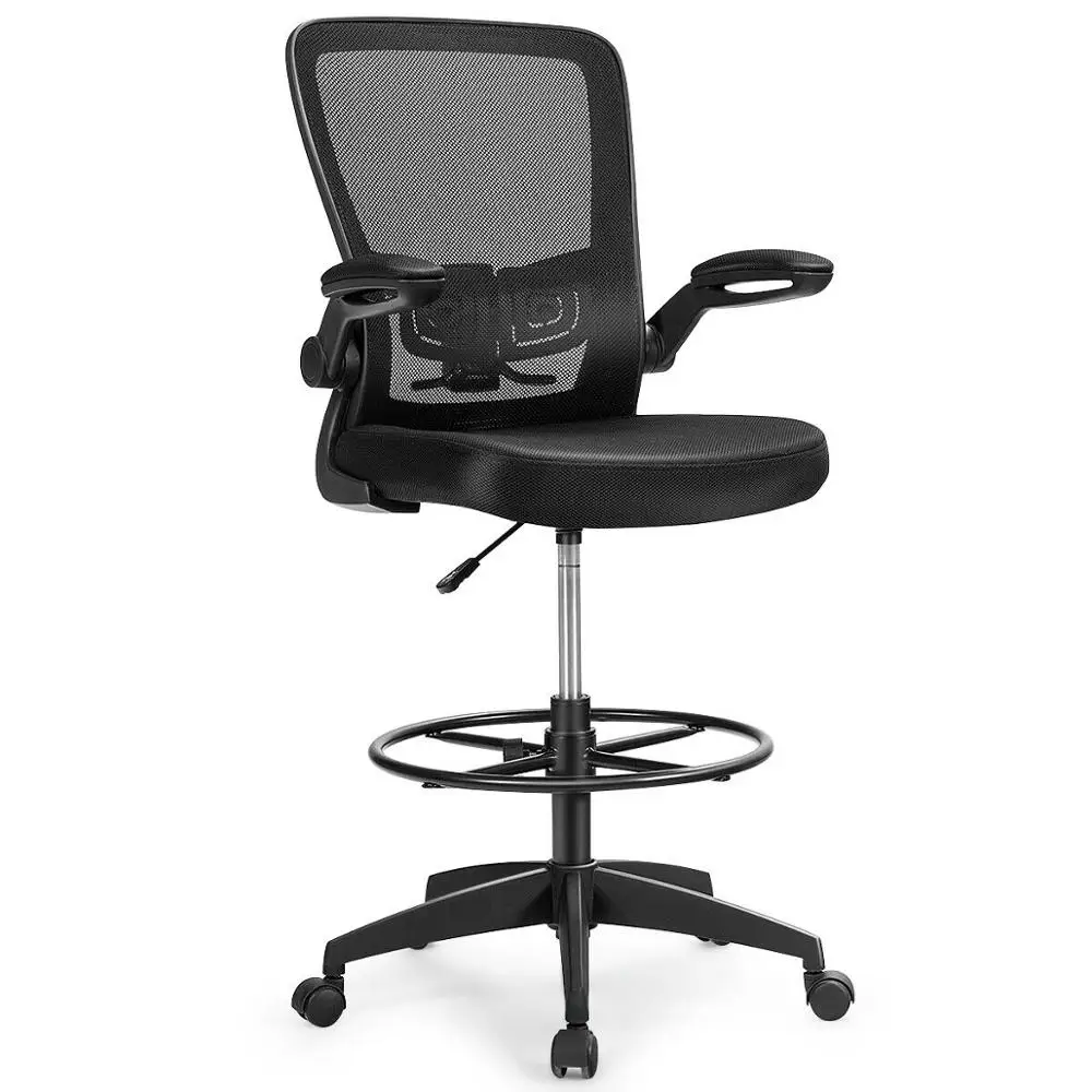 

Drafting Chair Tall Office Chair Adjustable Height w/Lumbar Support Flip Up Arms HW65397