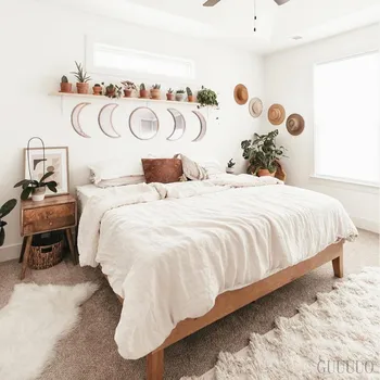 

Scandinavian Natural Decor Acrylic Moonphase Mirrors Interior Design Wooden Moon Phase Mirror Bohemian Wall Decoration For Room