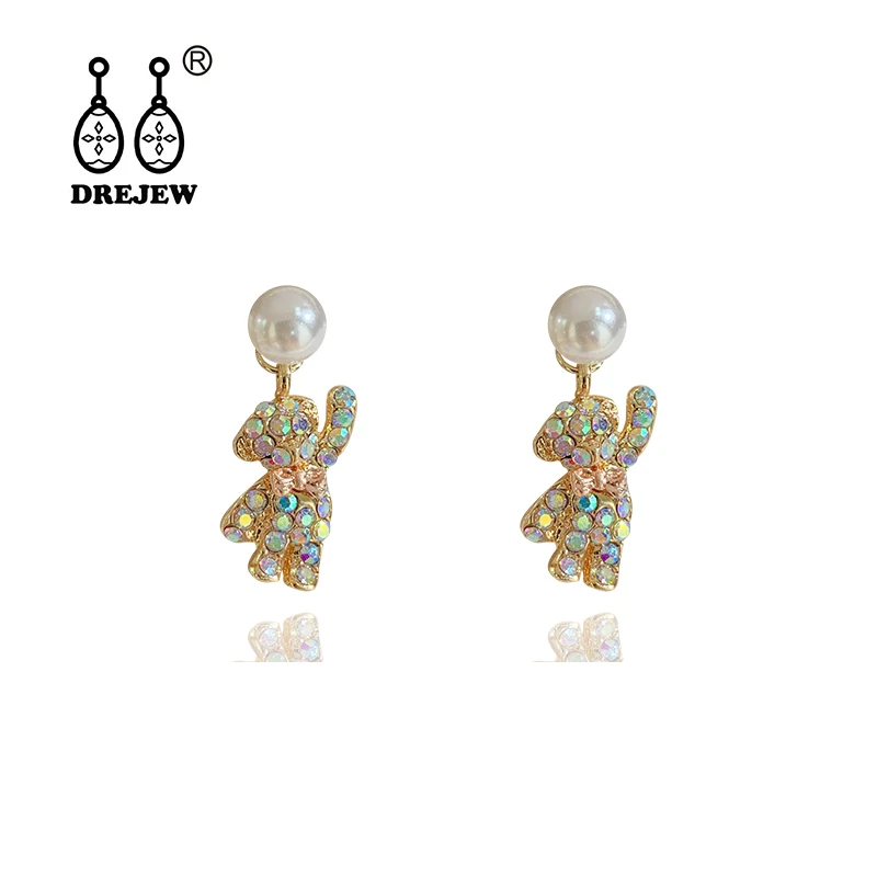 

DREJEW Cute Small Bear Rhinestone Pearl Statement Dangle Earrings 2019 925 Alloy Drop Earrings for Women Fashion Jewelry HE9641