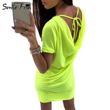 

Backless Lace Up Dresses 2020 Solid Short Sleeve O-neck Casual Straight Sundress Summer Women Kawaii Mini Dress Plus Size GV808