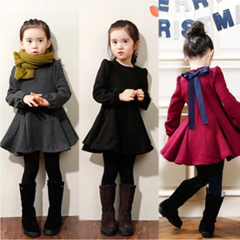 Girls Thick cotton Solid Dress For Girls Ruffle Dresses Autumn Winter Kids Girl Wild Warm Dress Children Clothing