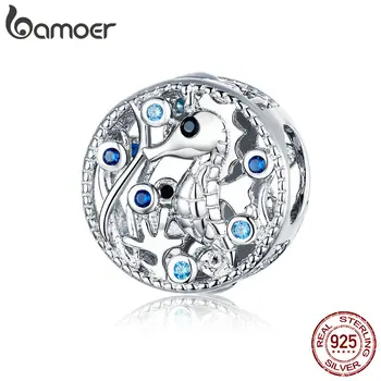 

bamoer 2020 Summer Ocean Sea Horse Openwork Charm for Original Bracelet & Bangle 925 Sterling Silver Blue Beads BSC266
