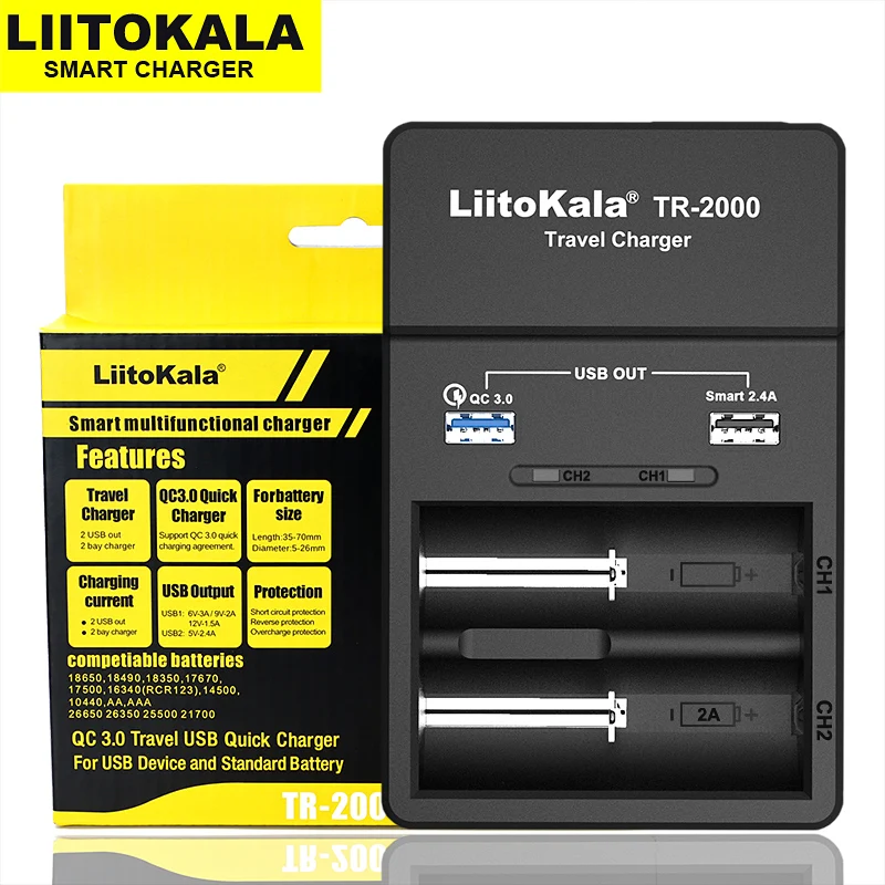 

2020 LiitoKala TR-2000 18650 Battery Charger and USB QC3.0 output Travel charger For 18650 26650 21700 18500 and 5V electronics