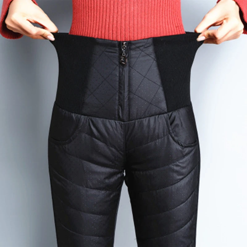 Зимние женские пуховые штаны размера плюс, бархатные брюки, утепленные тонкие теплые женские брюки, леггинсы с высокой талией
