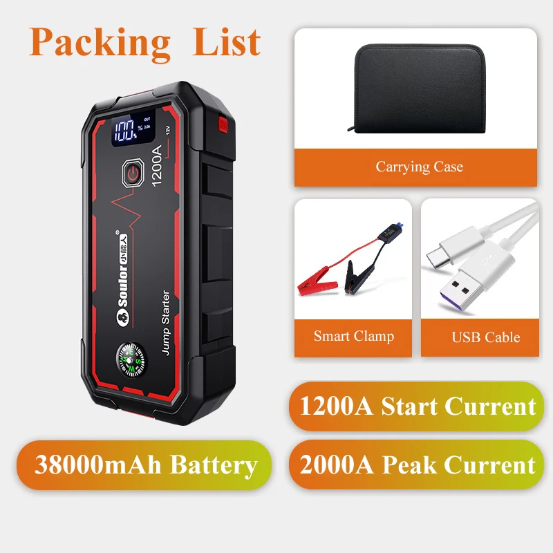 Soulor Car Jump Starter 38000mAh/26000mah Power Bank Portable Car Battery Booster Charger 12V Auto Starter Starting Device everstart jump starter