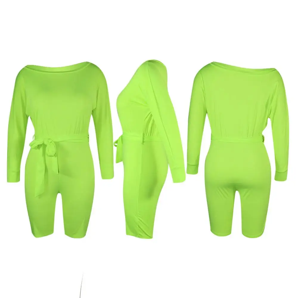На Одно Плечо сплошной Для женщин Bodycon костюмы «плюс сайз» комбинезон для новорожденных с длинными рукавами повязки неоновый зеленый желтый Клубные пикантные короткие Jumsuits