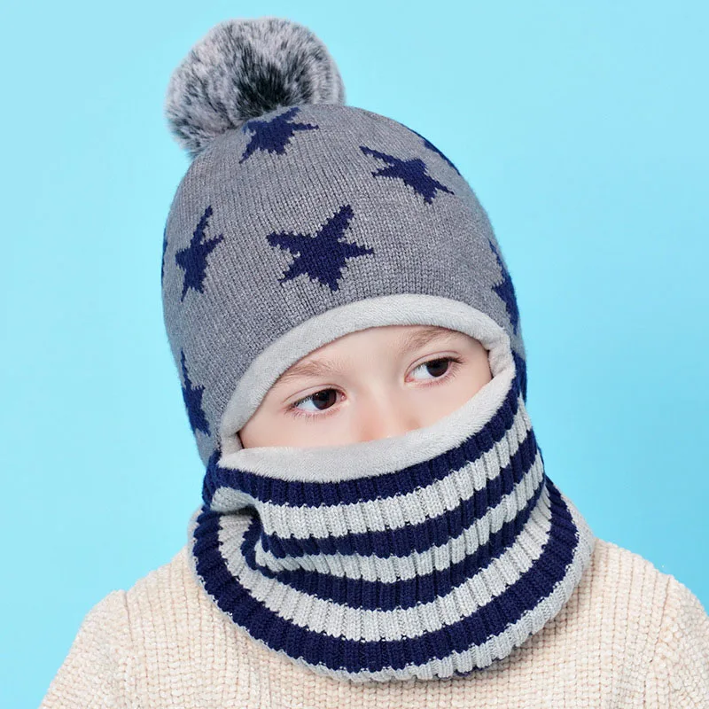 Winter Kids Hat Pom Pom Knit Beanie Hats for Baby Boy Hat Scarf