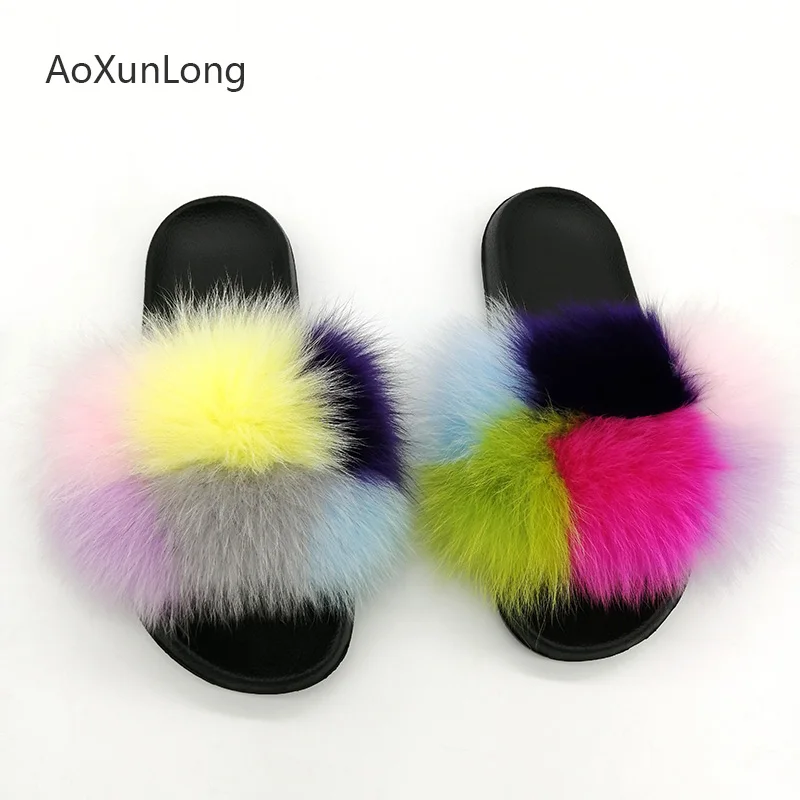 Women Fox Fur Slippers Real Fox Fur Slides Lovely Plush Slippers Woman Summer Home Sandals Women Fur Slides Furry Flip Flops Hot