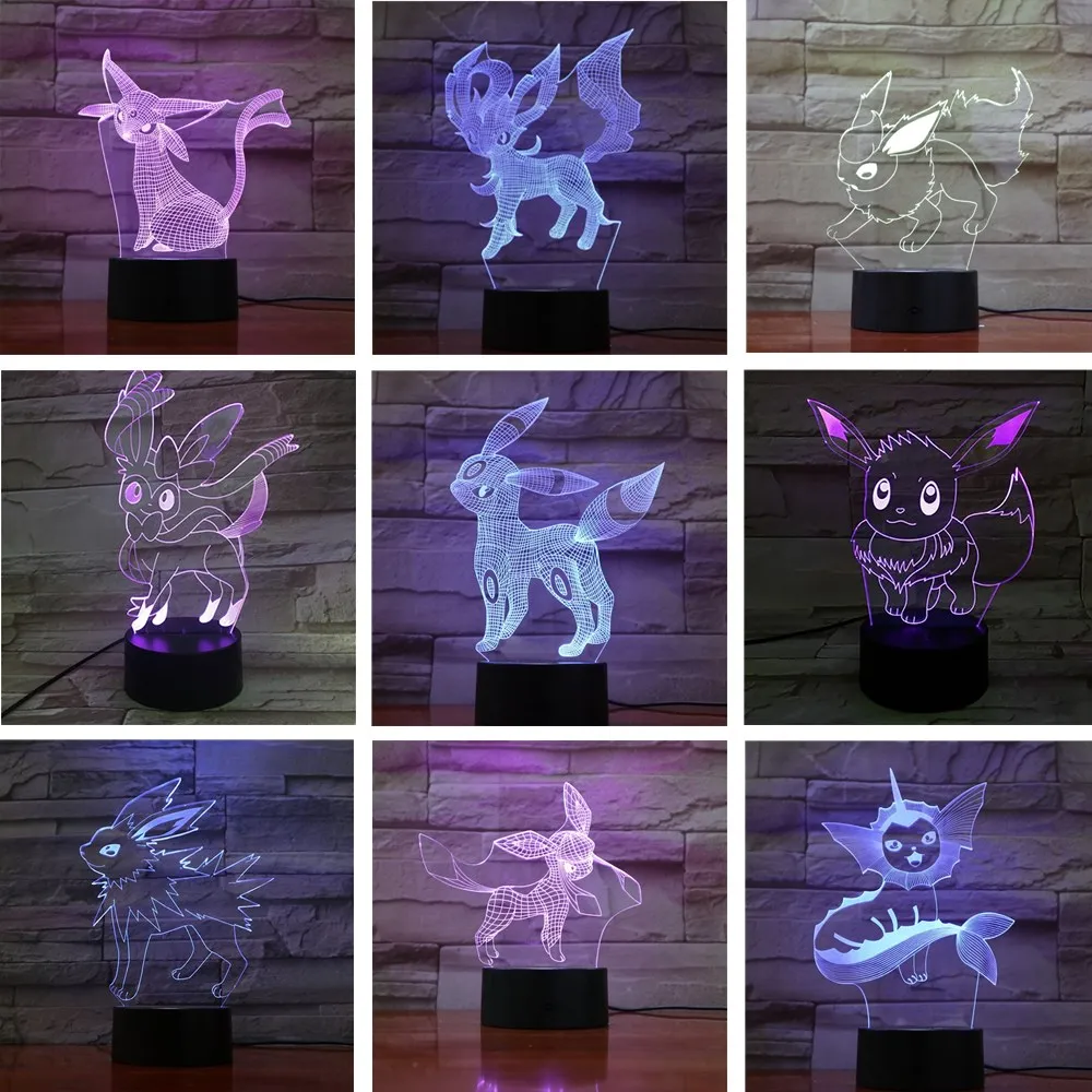 Pokemon Eevee 3D Night Light Cute Led for Kid Uaporeon Umbreon Glaceon Pocket Monster Lighting Anime Lamp Espeon Sylveon Lampara