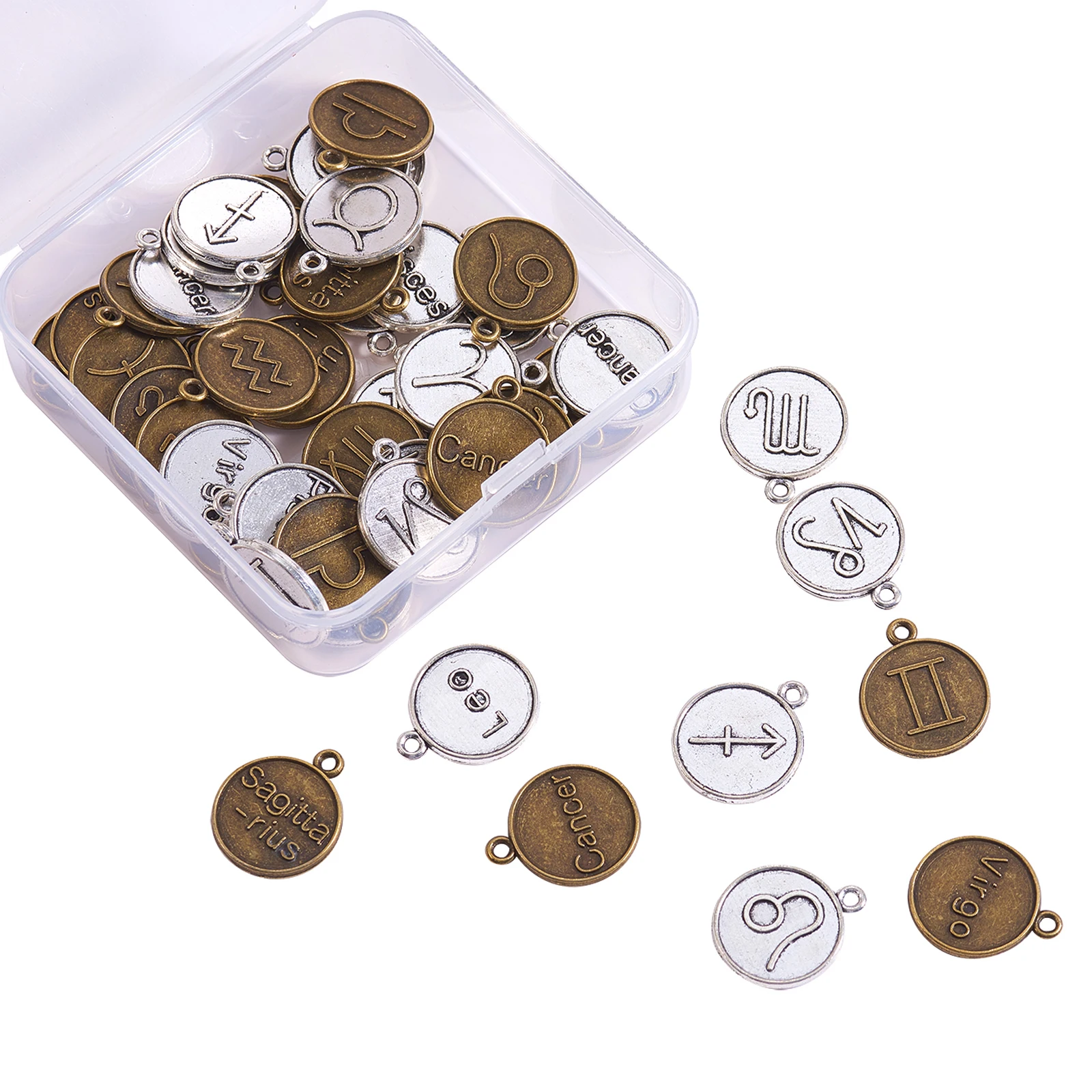 48Pcs Alloy Flat Round Twelve Constellation Charms12 Zodiac Sign Double Side Pedants for DIY Earrings Necklace Jewelry Making