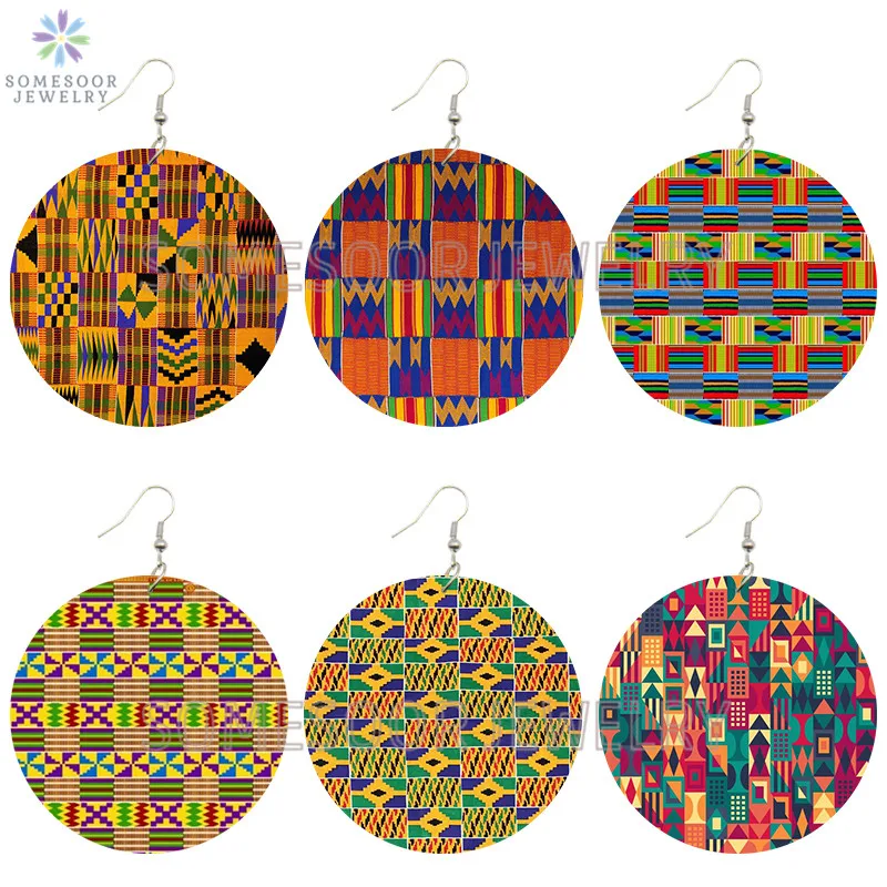 

SOMESOOR African Bohemian Wooden Drop Earrings Printed Vintage Afro Ethnic Headwrap Pattern Woman Loops Jewelry For Christmas