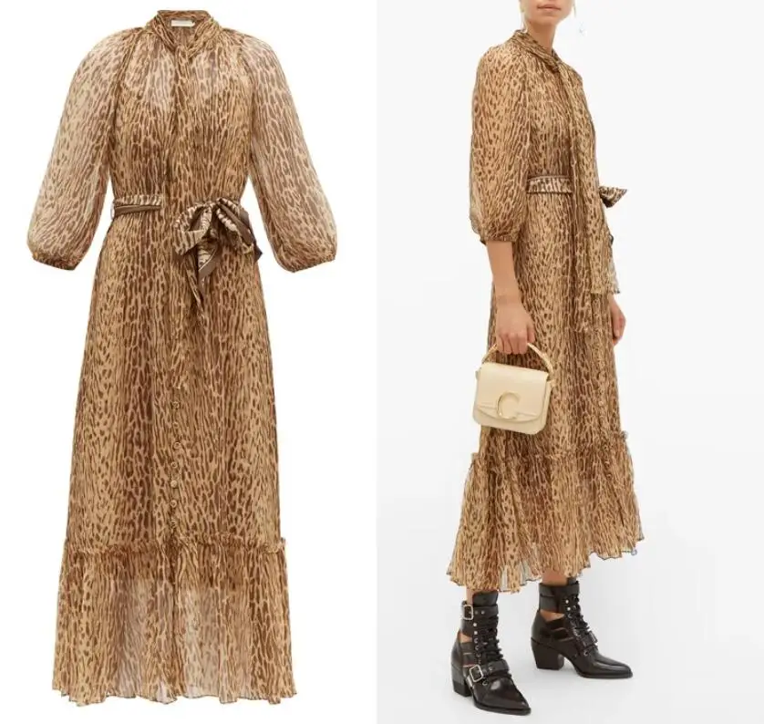 

2019 Autumn and Winter New Leopard print puff Sleeve Silk Long Dress Quality Women's Bow Neck Tie Dress Distribution Scarf