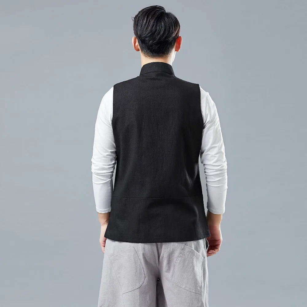 LZJN 2019 Men's Summer Waistcoat Chinese Style Print Patchwork Linen Button Down Kung Fu Shirt Sleeveless Vest Jacket (13)
