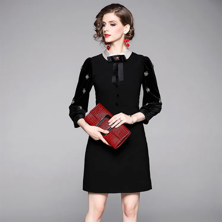 

New Style Fold-down Collar Bow Decoration Velvet Ninth Sleeve Industrial Beads Diamond Set Waist Hugging Sheath Catwalks Dress W