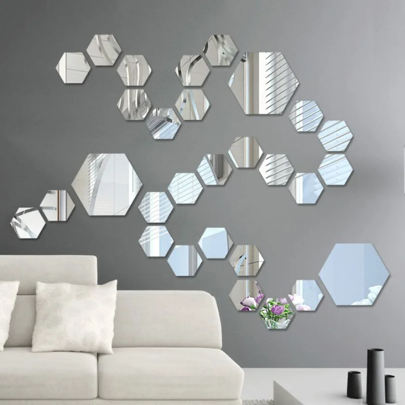 

12PCS Acrylic Mirror Wall Stickers Self Adhesive Removable Hexagonal Decorative Mirror Sheet For Home Living Room Bedroom Decor
