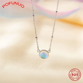 

POFUNUO 925 Sterling Silver Girls Moon Stone Round Beads Necklace Women Fine Jewelry Moonstone Lucky Beads Chokers Necklace Gift