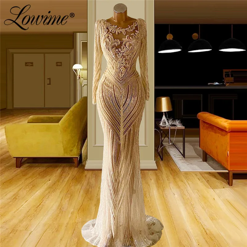 

Lowime Champagne Formal Heavy Beading Elegant Evening Dresses 2021 Plus Size Custom Made Dubai Arabic Long Sleeves Party Gowns