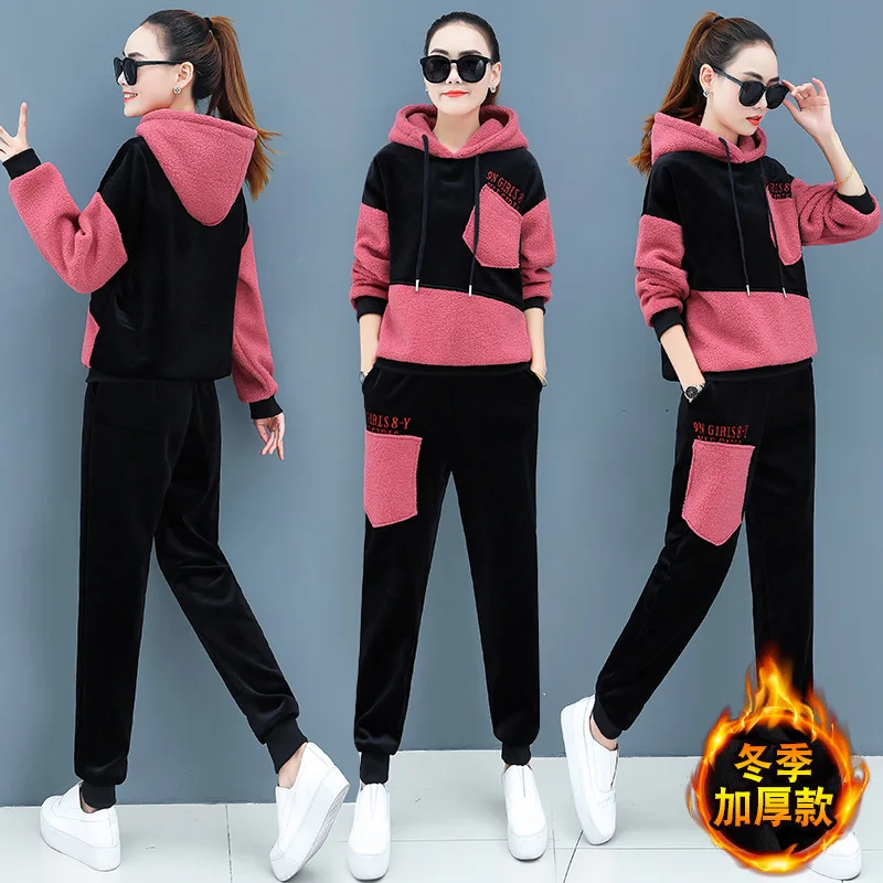 

Plus Size Winter Women Sportswear Tracksuit Thick Fleece Warm Hoodie Sweatshirt+pant Running Jogger Outfit Casual Set Sport Suit