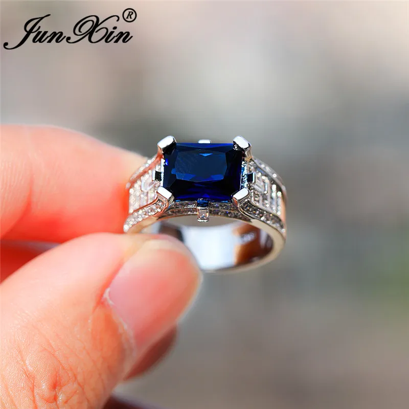 Blue Ring Роскошные Хрустальные Зеленые Синие каменные прямоугольные кольца для мужчин и женщин 925 серебряного цвета винтажные циркониевые обручальные кольца мужские женские ювелирные изделия - Цвет основного камня: Blue Ring