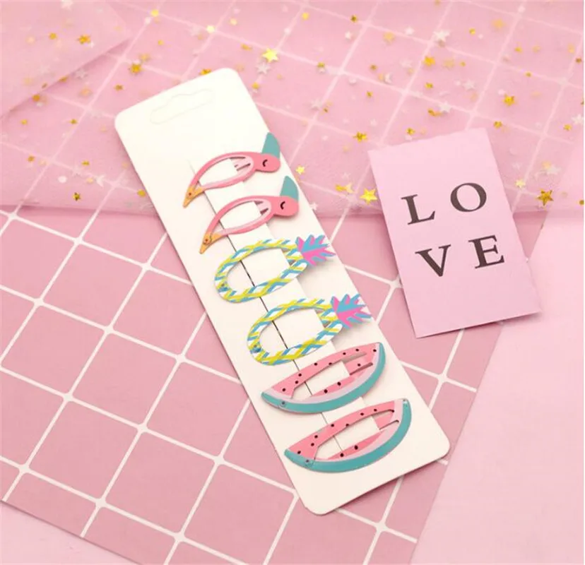 6pc flamingo Новинка; Детские аксессуары для волос; Головные уборы на возраст от 2 до 6 лет шт./компл. Фламинго ананас заколки для волос с фруктами изображением русалки, купальный костюм лошадка Радуга заколка для волос для девочки - Цвет: 6pc flamingo