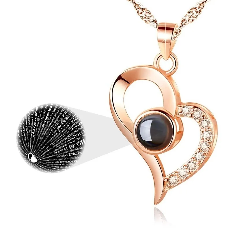 Модное ожерелье с сердцем/розовым золотом I Love You 100 языков love Crystal Projective подвеска