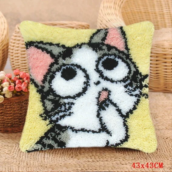 Three Cats Latch Hook Pillow Smyrna For Flowers Carpet Embroidery Cushion Button Package Latch Hook Kits Do-It-Yourself Carpets