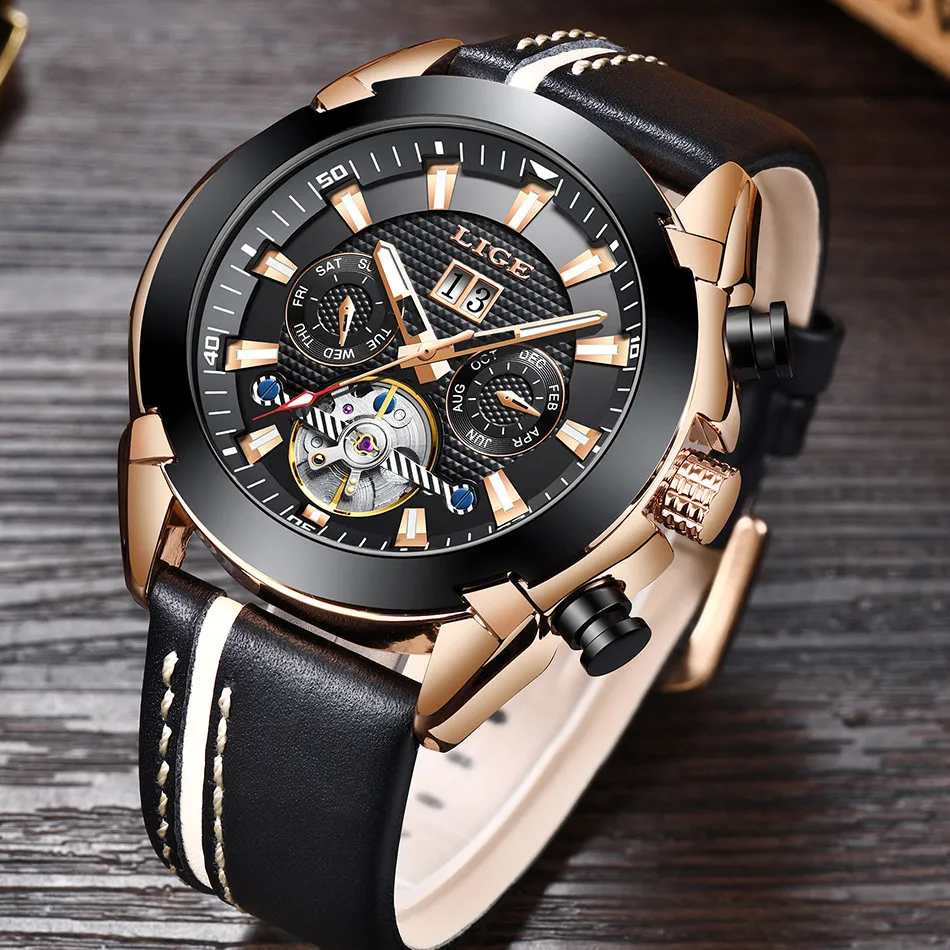 LIGE кожаный ремешок Tourbillon светящийся Циферблат Водонепроницаемые мужские часы лучший бренд класса люкс механические Автоматические часы Reloj Hombre