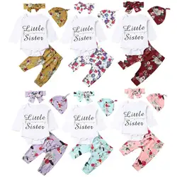 Новинка 2019 года; 4 предмета; одежда для маленьких девочек 3-18 месяцев; топы с надписью «Little Sister»; леггинсы с цветочным принтом; комплект со