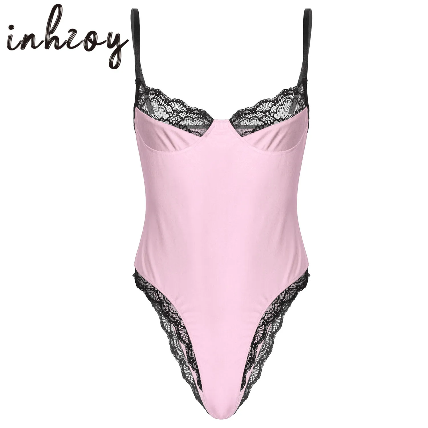 Men Sexy Lace Bodycon Bodysuit Sissy Sleeveless Lingerie Teddie Catsuit Nightwear Spaghetti Strap Wireless Bra Leotard Underwear