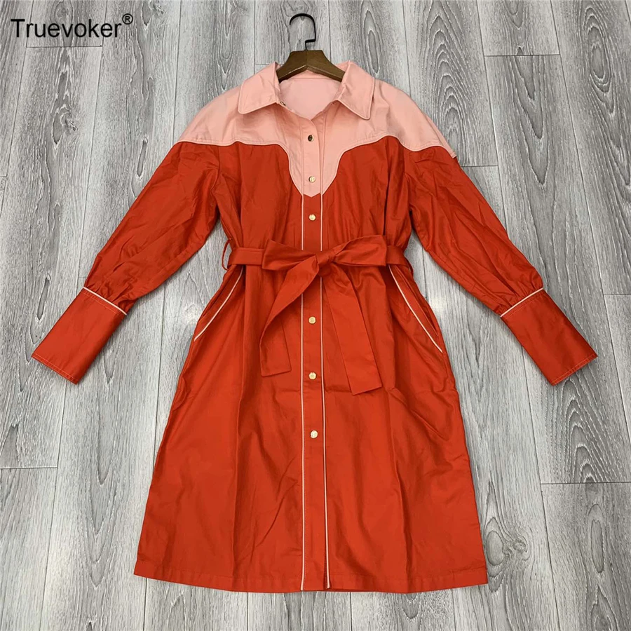 

Truevoker Runway Designer Vocation Dresses Women's Full Sleeves Color Block Brife Casual Shirt Vestidoes Autumn Robe Femme Ete