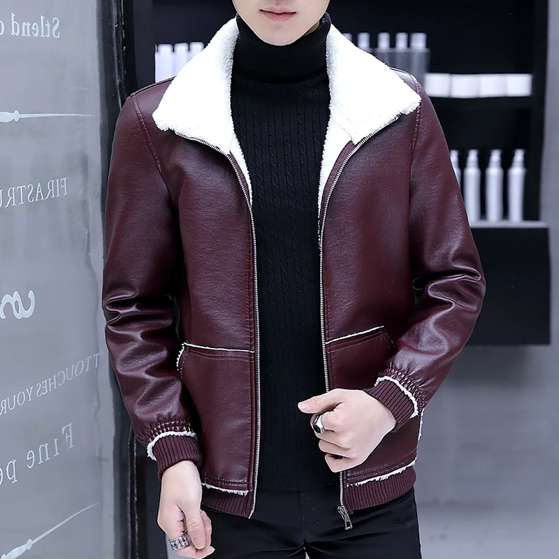 Autumn Winter New Leather Jacket Men's Fur One Thick Leather Jacket Men Warm Large Size 4XL Slim Short Leather Jacket Coats