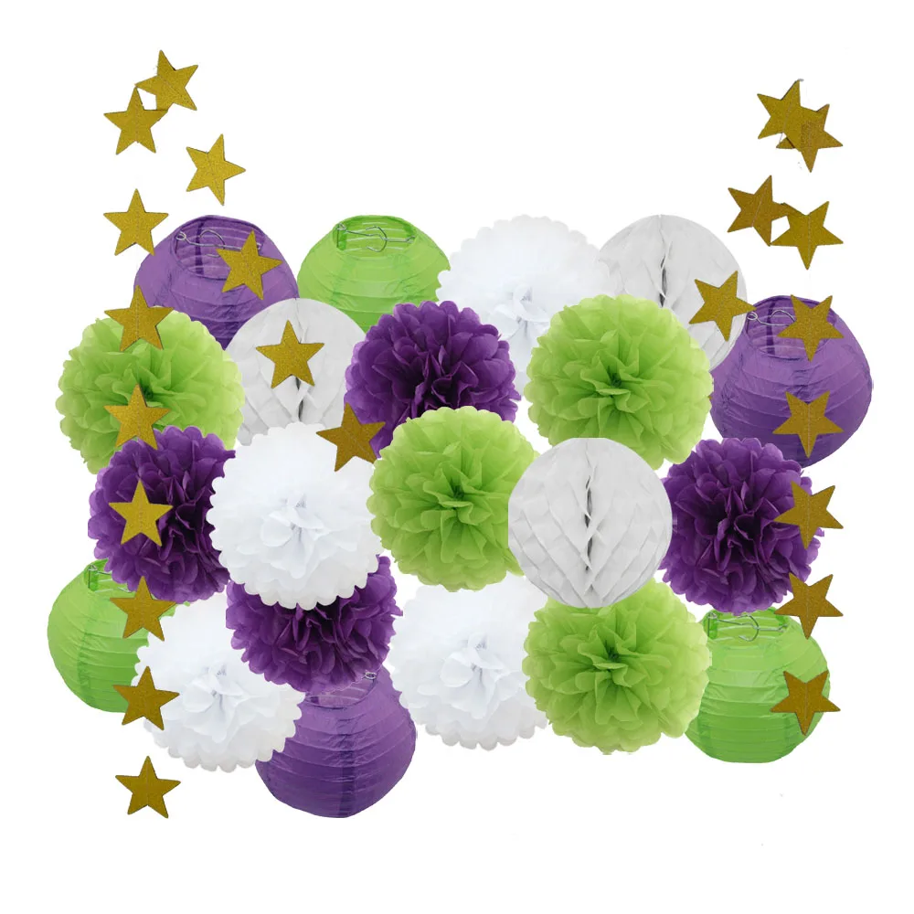 purple green set Для маленьких девочек украшение для детей 22 шт./компл. цвета: розовый, бежевый, голубой комплект круглый Бумага Фонари детей крещение украшения вечерние пользу висит Изделия из бумаги - Цвет: purple green set
