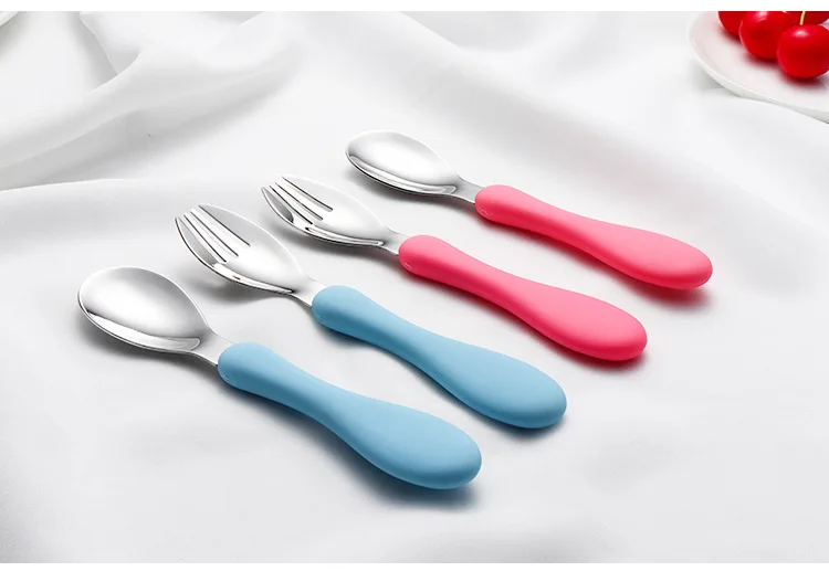 CHILDREN'S Tableware Set 304 Stainless Steel Spoon Fork Portable Cute Faux Silica Gel Handfeel Baby Forks And Spoons Ceremony