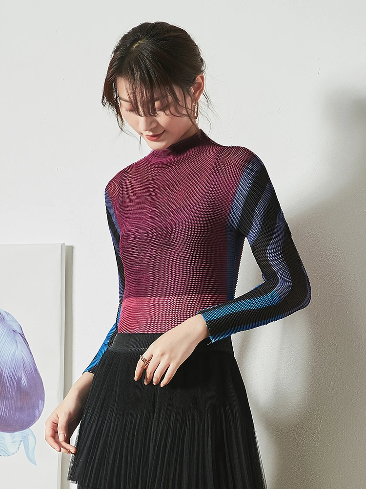 Issey fold новая полосатая цветная облегающая футболка с высоким воротником Женская Нижняя рубашка - Цвет: Красный